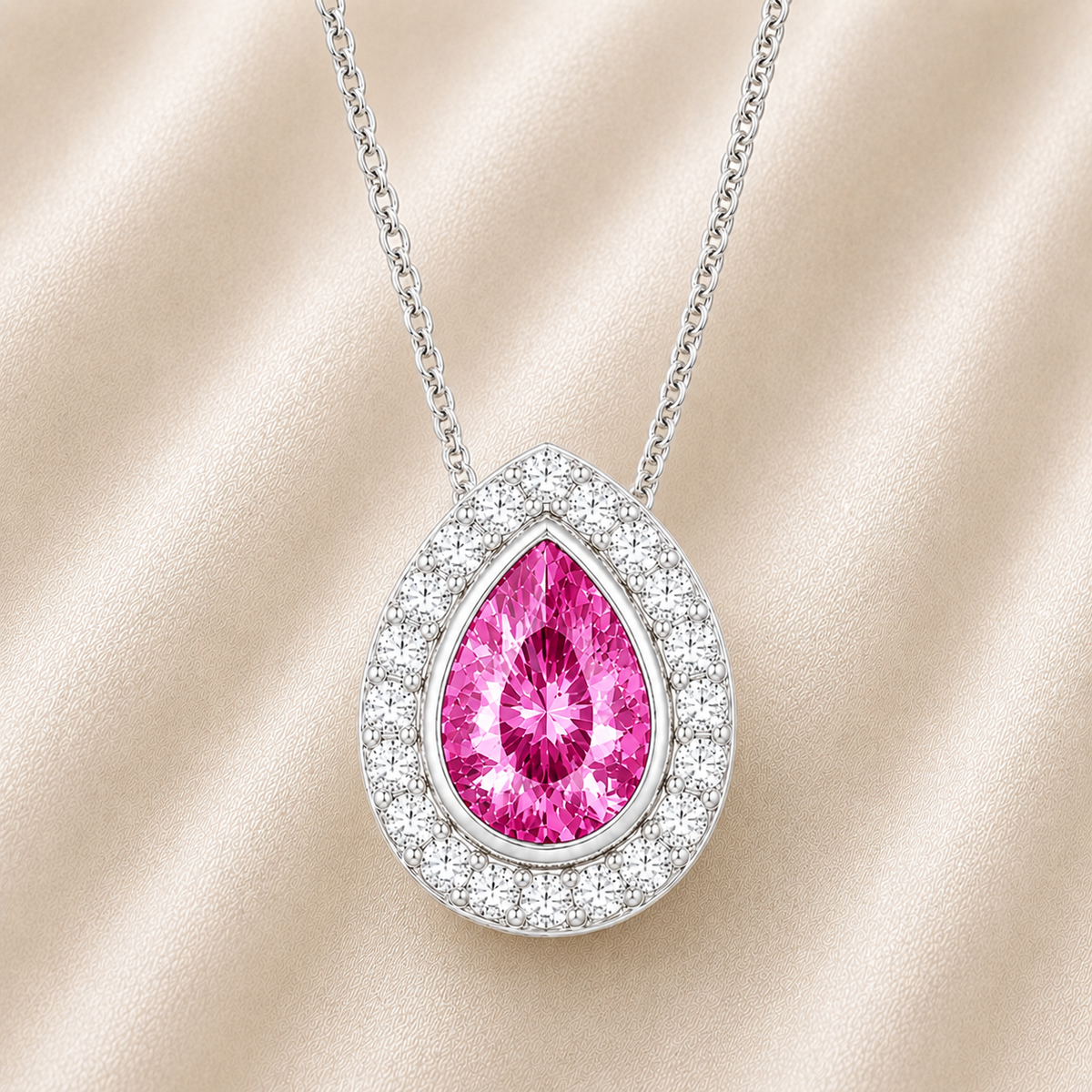 Pink sapphire halo pendant with 7×5 mm pear cut in white gold-plated 925 silver, accented with moissanite. Elegant and refined. Available now at BSI Jewelry.