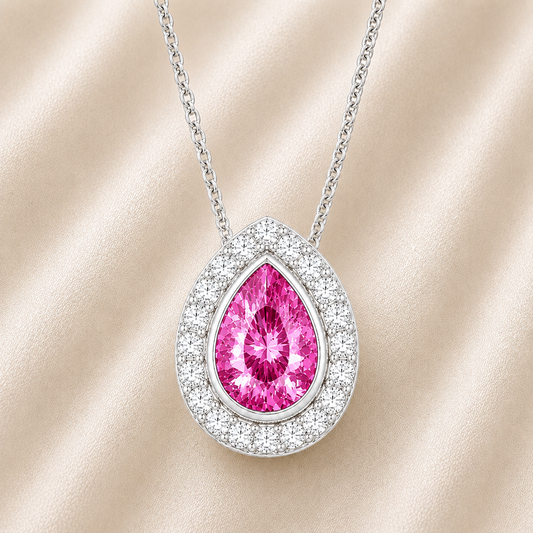Pink sapphire halo pendant with 7×5 mm pear cut in white gold-plated 925 silver, accented with moissanite. Elegant and refined. Available now at BSI Jewelry.