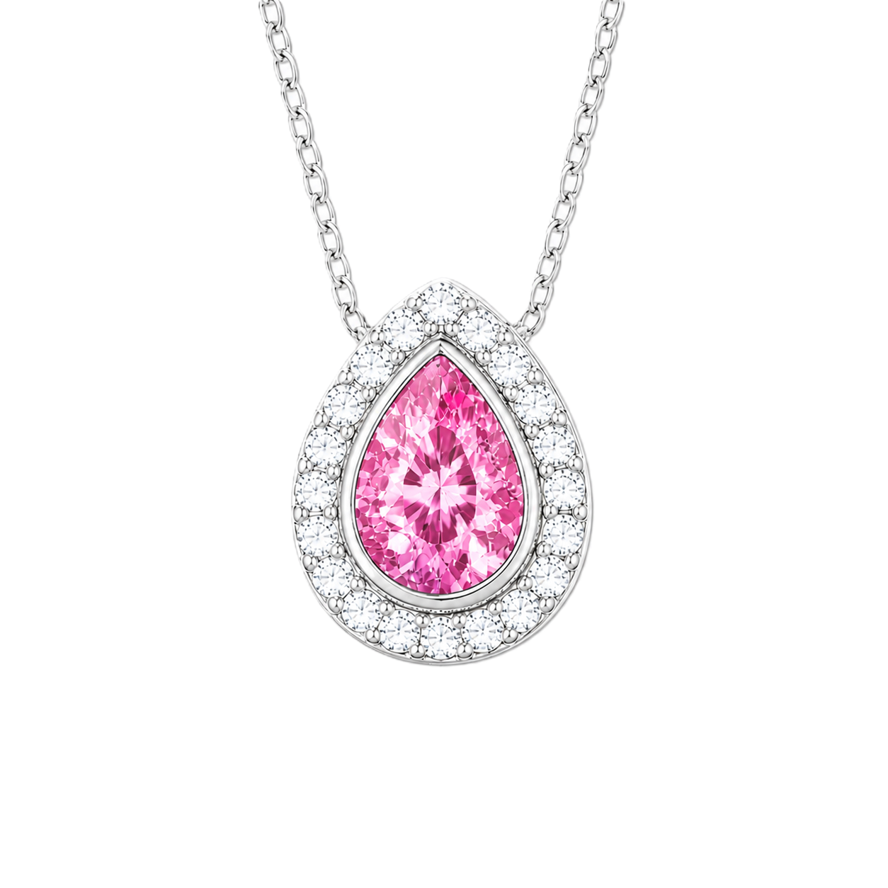 Pink sapphire halo pendant with 7×5 mm pear cut in white gold-plated 925 silver, accented with moissanite. Elegant and refined. Available now at BSI Jewelry.
