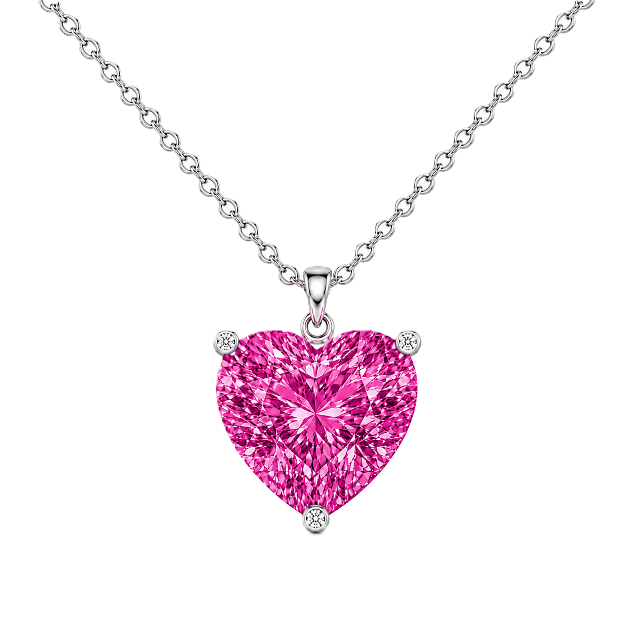 Pink sapphire heart necklace featuring a vibrant 6 mm heart gemstone in white gold-plated 925 silver. Romantic, elegant, and available now at BSI Jewelry.