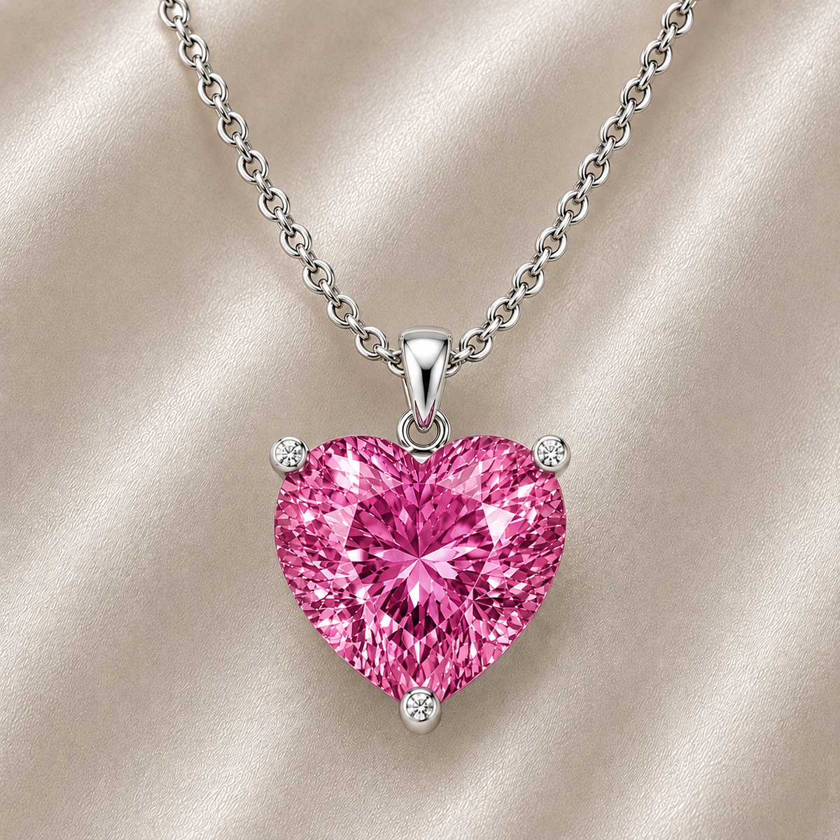 Pink sapphire heart necklace featuring a vibrant 6 mm heart gemstone in white gold-plated 925 silver. Romantic, elegant, and available now at BSI Jewelry.