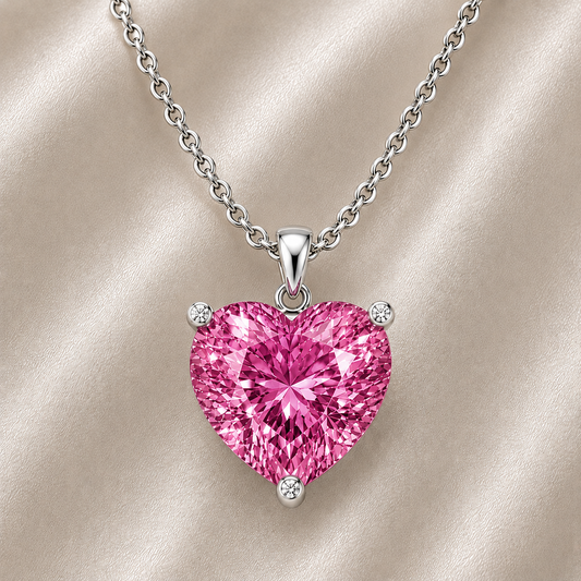 Pink sapphire heart necklace featuring a vibrant 6 mm heart gemstone in white gold-plated 925 silver. Romantic, elegant, and available now at BSI Jewelry.