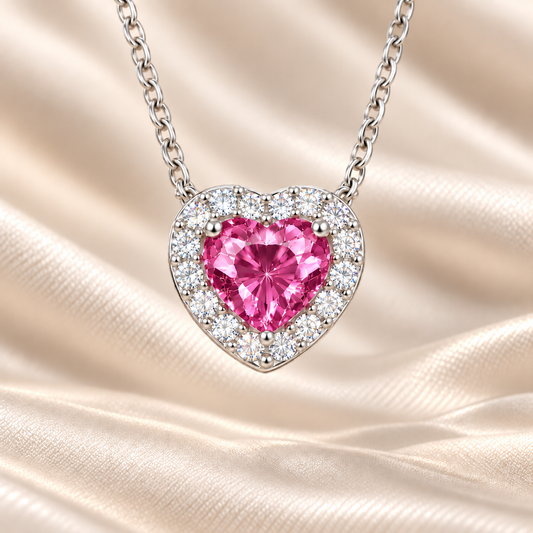Pink sapphire heart necklace with 6 mm center stone in white gold-plated 925 silver. Soft, romantic, and elegant for daily wear. Available now at BSI Jewelry.