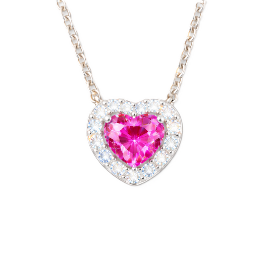 Pink sapphire heart pendant with 6 mm center stone in white gold-plated 925 silver. Soft, romantic, and elegant for daily wear. Available now at BSI Jewelry.