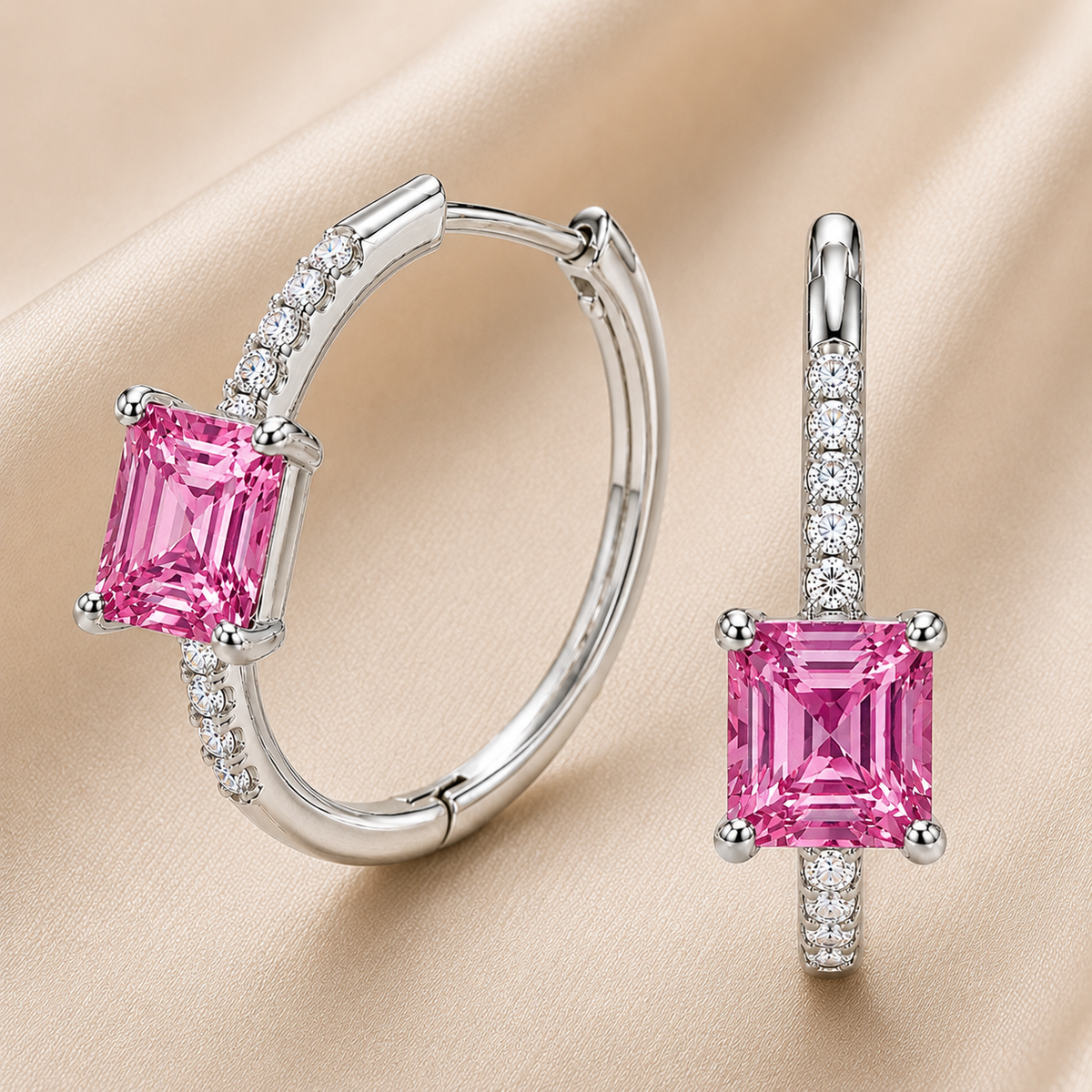 Pink sapphire huggie earrings featuring vibrant 5 mm square pink sapphires and sparkling accents in white gold plated 925 silver. Available now at BSI Jewelry.
