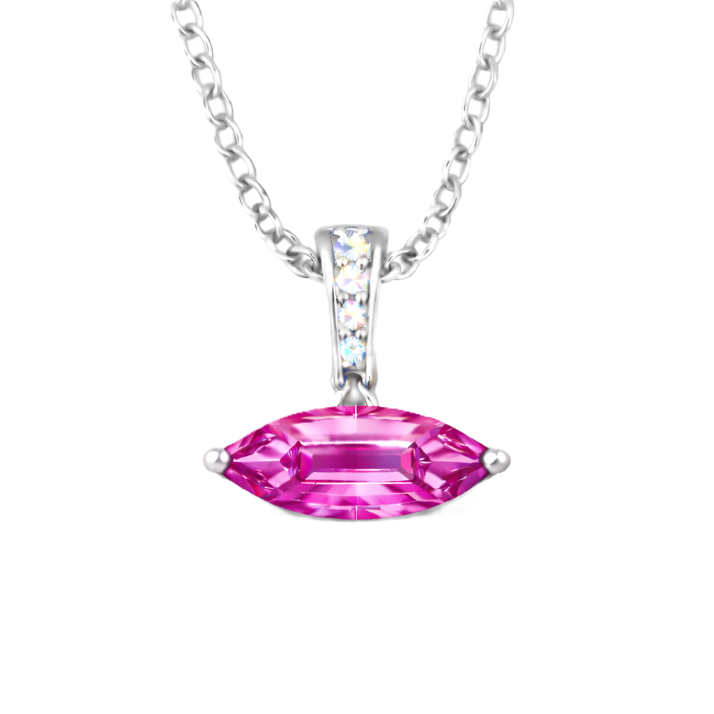 Pink sapphire marquise pendant with an 8×5 mm gemstone in white gold-plated 925 silver with moissanite accents. Elegant and refined. Available now at BSI Jewelry.