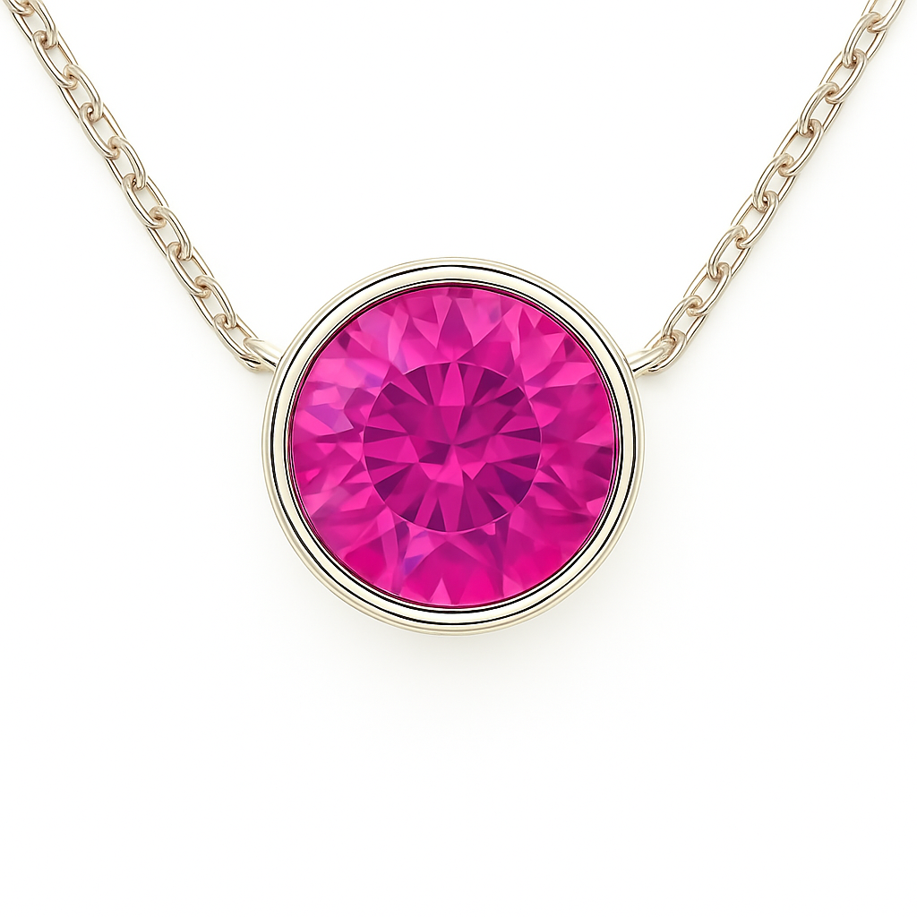 Pink sapphire necklace with 5mm round brilliant-cut stone, crafted in white gold-plated 925 silver. Elegant sparkle for daily wear. Available now at BSI Jewelry