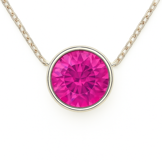 Pink sapphire necklace with 5mm round brilliant-cut stone, crafted in white gold-plated 925 silver. Elegant sparkle for daily wear. Available now at BSI Jewelry