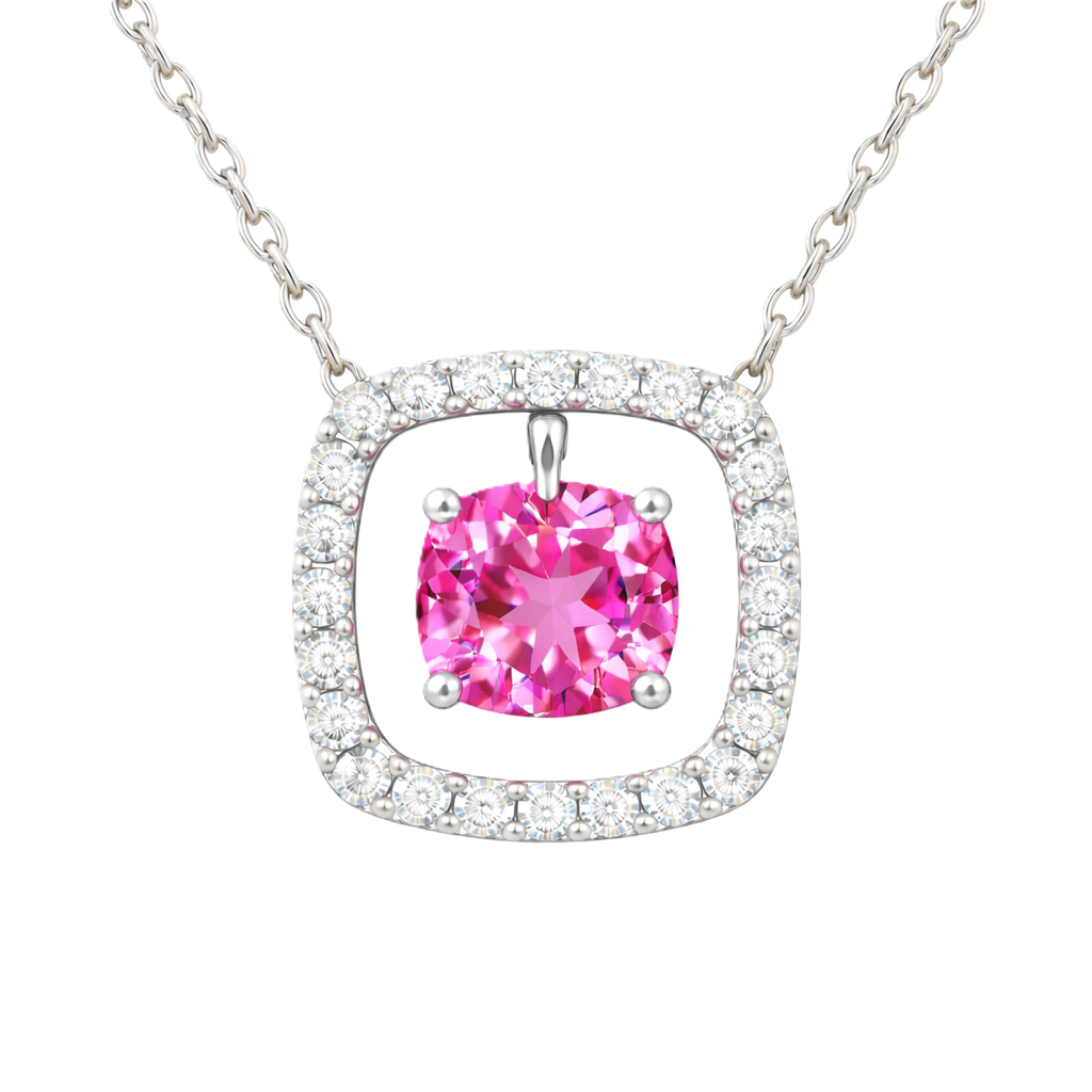 Pink sapphire necklace with a 6 mm cushion cut and moissanite halo, crafted in white gold-plated 925 silver. Elegant and refined. Available now at BSI Jewelry.