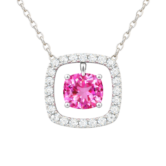 Pink sapphire necklace with a 6 mm cushion cut and moissanite halo, crafted in white gold-plated 925 silver. Elegant and refined. Available now at BSI Jewelry.