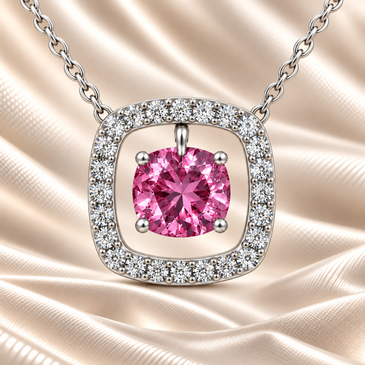 Pink sapphire necklace with a 6 mm cushion cut and moissanite halo, crafted in white gold-plated 925 silver. Elegant and refined. Available now at BSI Jewelry.
