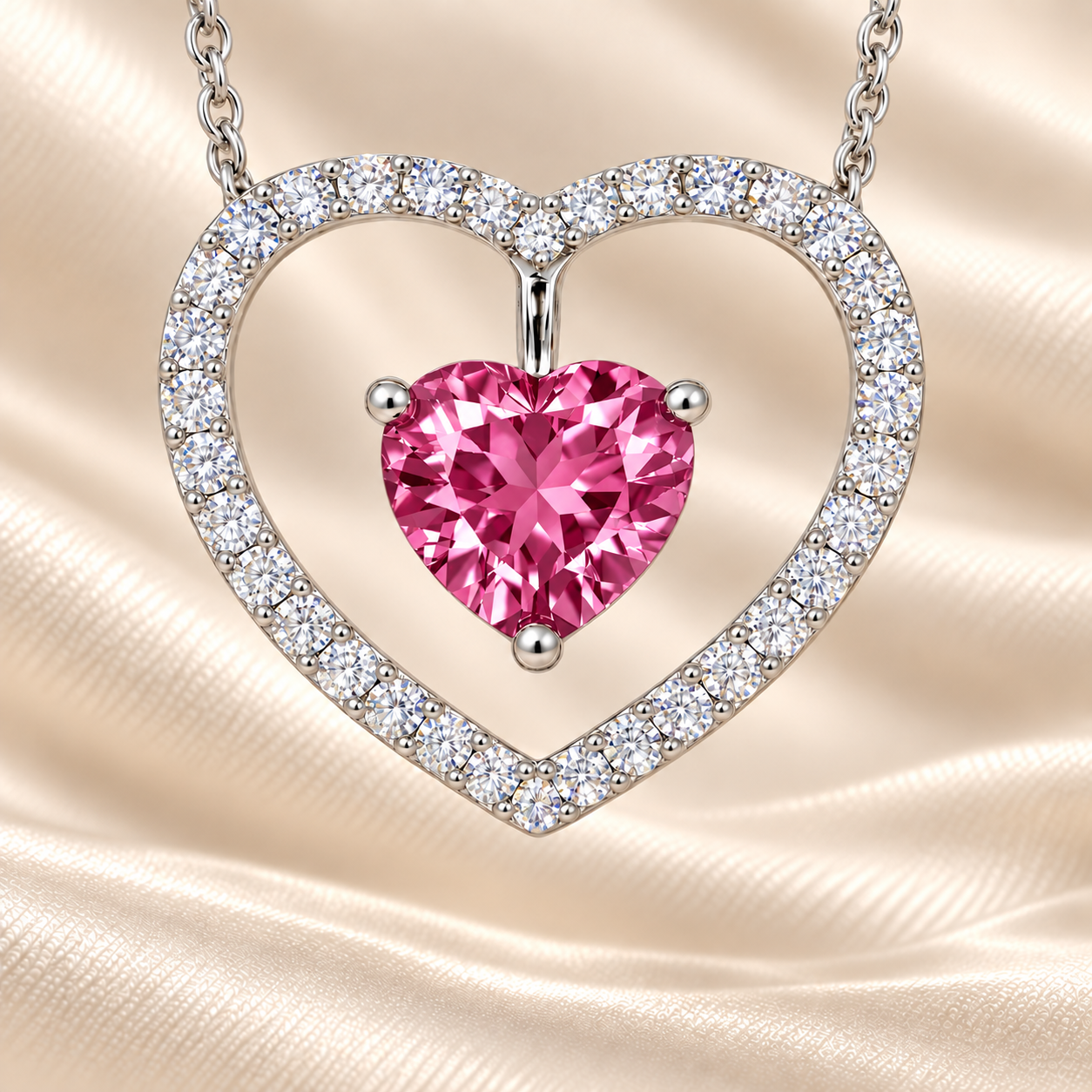 Pink sapphire necklace with a 6 mm heart cut and moissanite halo, crafted in white gold-plated 925 silver. Elegant and refined. Available now at BSI Jewelry.