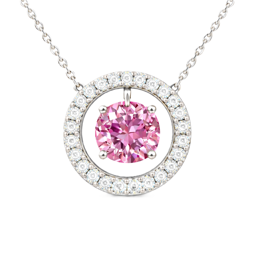 Pink sapphire necklace with a 6 mm round cut in white gold-plated 925 silver and moissanite accents. Elegant for daily wear. Available now at BSI Jewelry.
