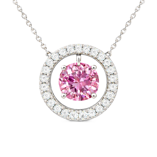 Pink sapphire necklace with a 6 mm round cut in white gold-plated 925 silver and moissanite accents. Elegant for daily wear. Available now at BSI Jewelry.