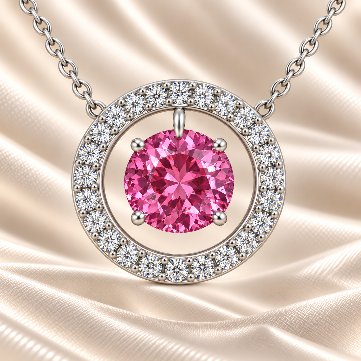 Pink sapphire necklace with a 6 mm round cut in white gold-plated 925 silver and moissanite accents. Elegant for daily wear. Available now at BSI Jewelry.