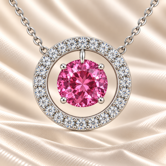 Pink sapphire necklace with a 6 mm round cut in white gold-plated 925 silver and moissanite accents. Elegant for daily wear. Available now at BSI Jewelry.