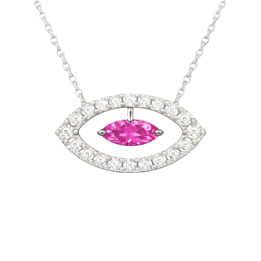 Pink sapphire necklace with a 7×3.5 mm marquise cut in white gold-plated 925 silver and moissanite accents. Elegant for daily wear. Available now at BSI Jewelry.