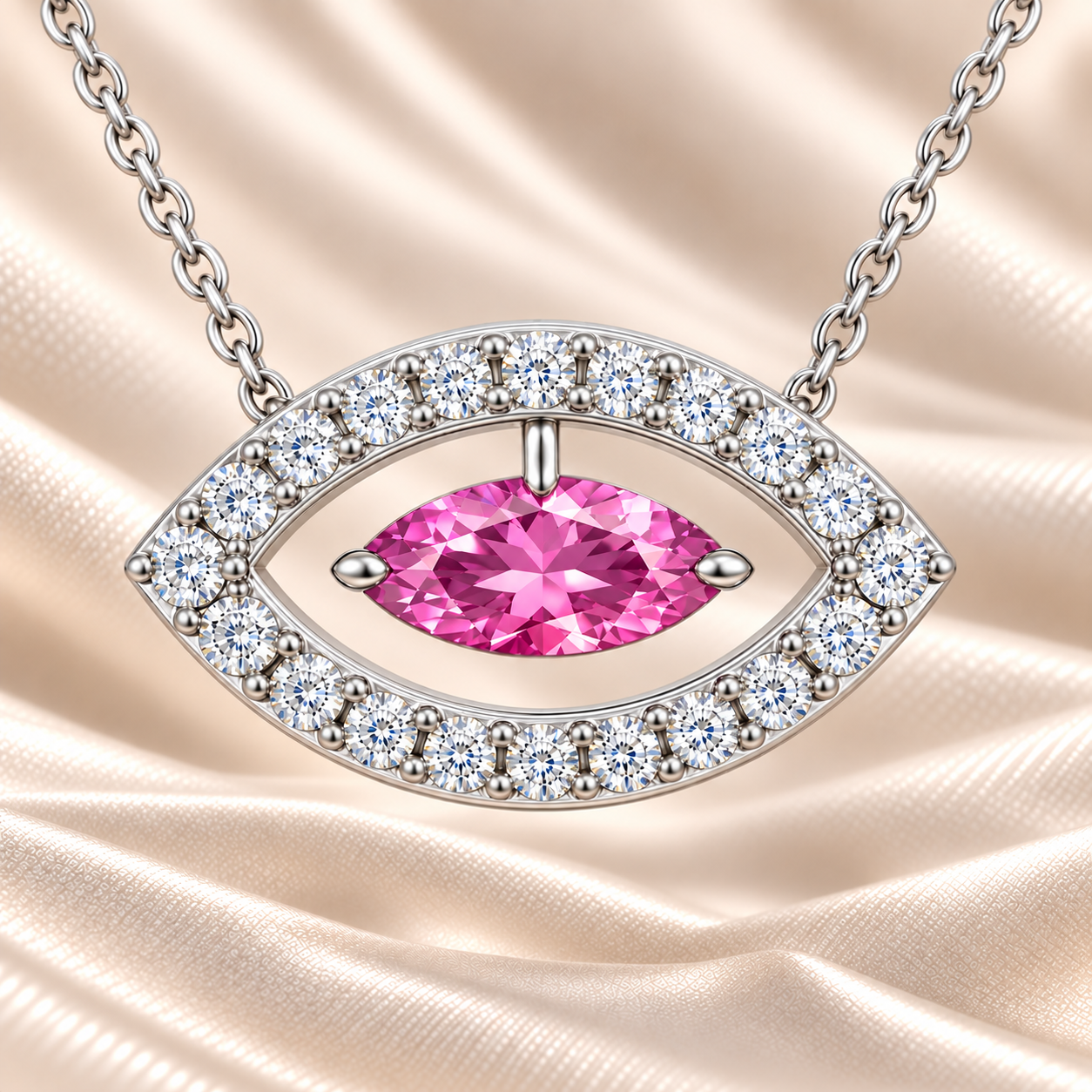 Pink sapphire necklace with a 7×3.5 mm marquise cut in white gold-plated 925 silver and moissanite accents. Elegant for daily wear. Available now at BSI Jewelry.