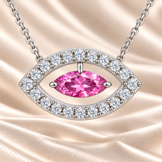 Pink sapphire necklace with a 7×3.5 mm marquise cut in white gold-plated 925 silver and moissanite accents. Elegant for daily wear. Available now at BSI Jewelry.