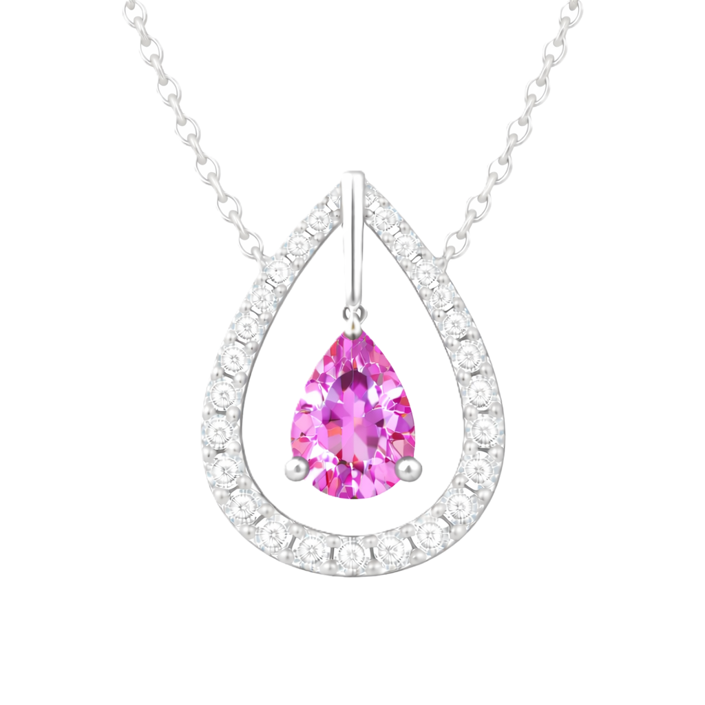 Pink sapphire necklace with a 7×5 mm pear cut and moissanite halo, crafted in white gold-plated 925 silver. Elegant and refined. Available now at BSI Jewelry.