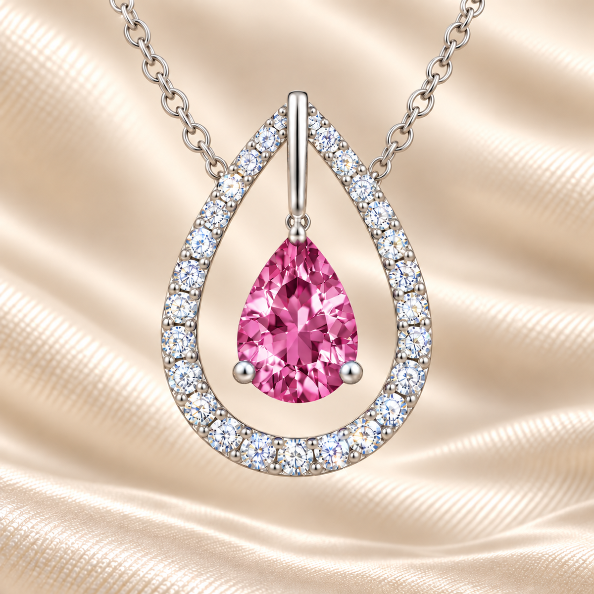 Pink sapphire necklace with a 7×5 mm pear cut and moissanite halo, crafted in white gold-plated 925 silver. Elegant and refined. Available now at BSI Jewelry.