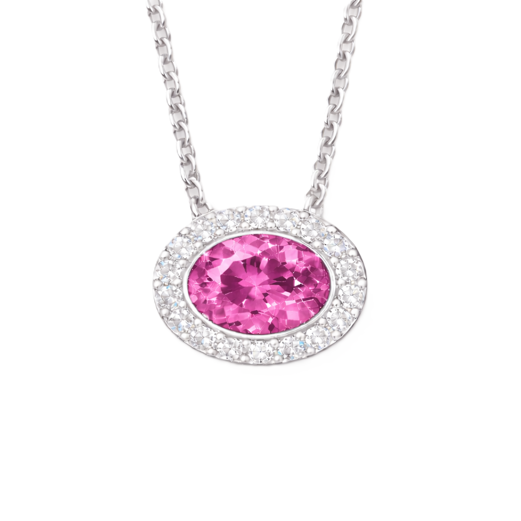 Pink sapphire necklace with a 7×5 mm oval stone in white gold-plated 925 silver, accented with moissanite. Elegant and radiant. Available now at BSI Jewelry.