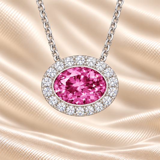 Pink sapphire necklace with a 7×5 mm oval stone in white gold-plated 925 silver, accented with moissanite. Elegant and radiant. Available now at BSI Jewelry.