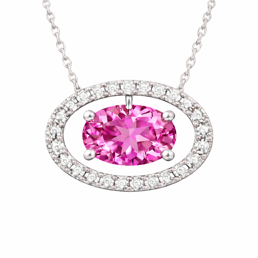 Pink sapphire necklace with an 8×5 mm oval cut and moissanite halo, crafted in white gold-plated 925 silver. Elegant and refined. Available now at BSI Jewelry.
