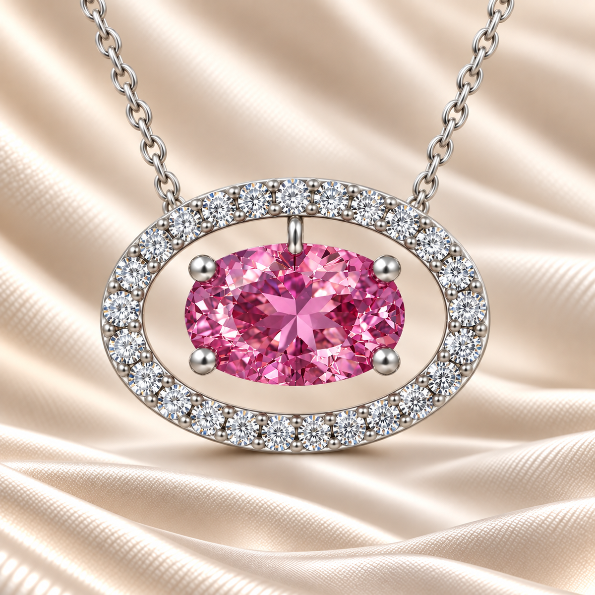 Pink sapphire necklace with an 8×5 mm oval cut and moissanite halo, crafted in white gold-plated 925 silver. Elegant and refined. Available now at BSI Jewelry.
