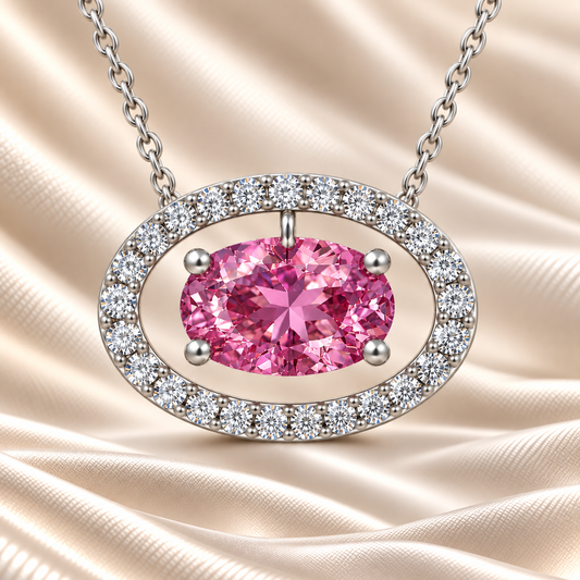 Pink sapphire necklace with an 8×5 mm oval cut and moissanite halo, crafted in white gold-plated 925 silver. Elegant and refined. Available now at BSI Jewelry.