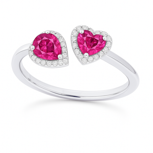 Pink sapphire open ring with 5 mm heart and 5×3 mm pear stones, halo set in white gold plated 925 silver. Romantic and elegant. Available now at BSI Jewelry.
