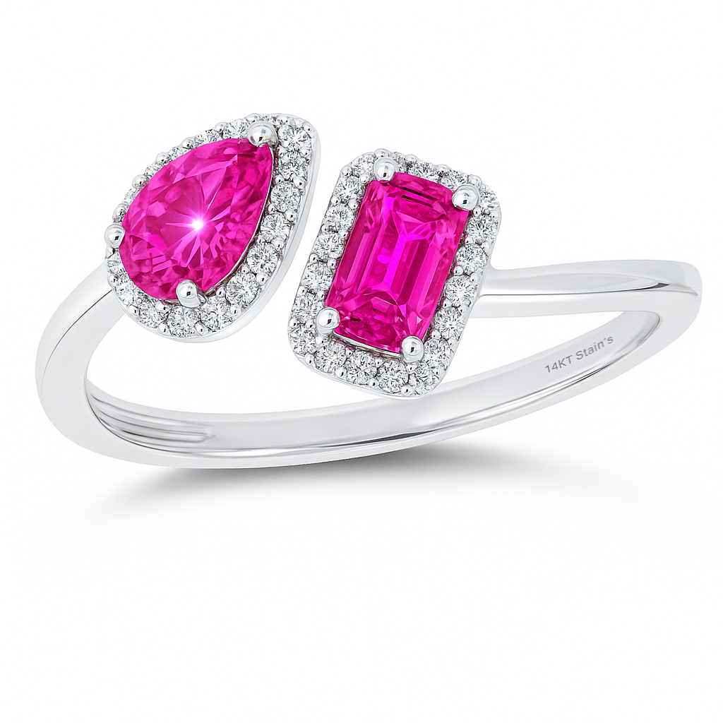 Pink sapphire open ring with 5×3 mm pear and emerald stones in white gold plated 925 silver. Elegant and modern design. Available now at BSI Jewelry.