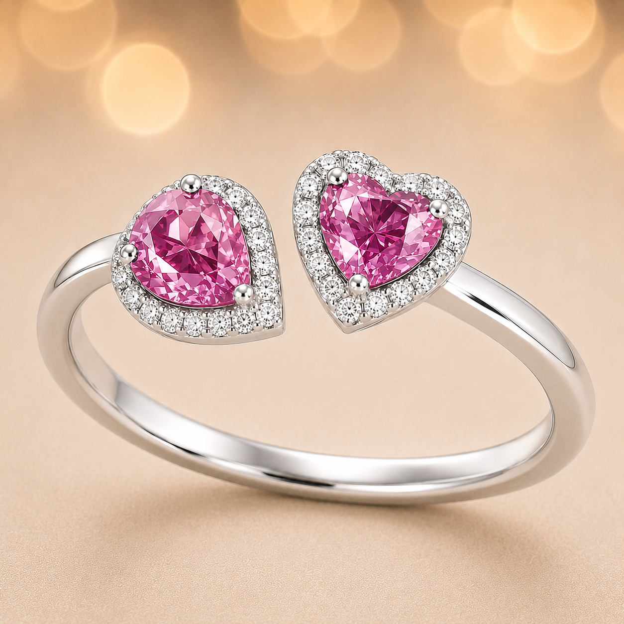 Pink sapphire open ring with 6×4 mm pear and 5 mm heart cuts, crafted in white gold-plated 925 silver. Romantic and hypoallergenic. Available now at BSI Jewelry.