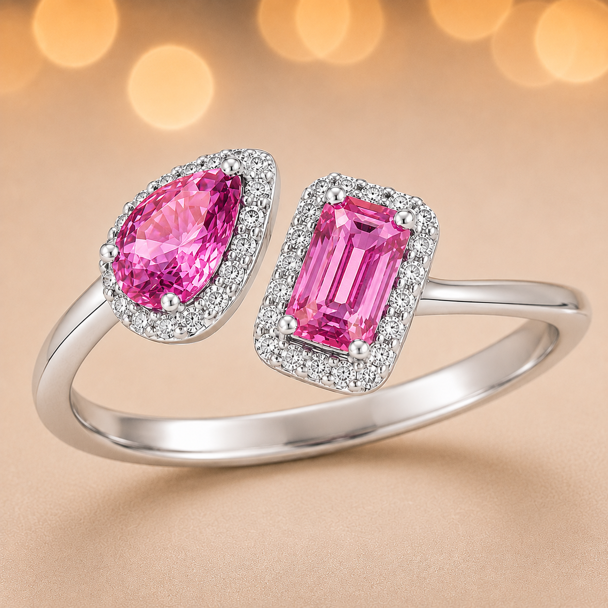 Pink sapphire open ring, 6×4 mm pear and emerald cuts, in white gold-plated 925 silver. Hypoallergenic and elegant for daily wear. Available now at BSI Jewelry.