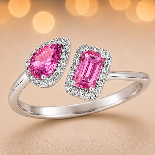 Pink sapphire open ring, 6×4 mm pear and emerald cuts, in white gold-plated 925 silver. Hypoallergenic and elegant for daily wear. Available now at BSI Jewelry.