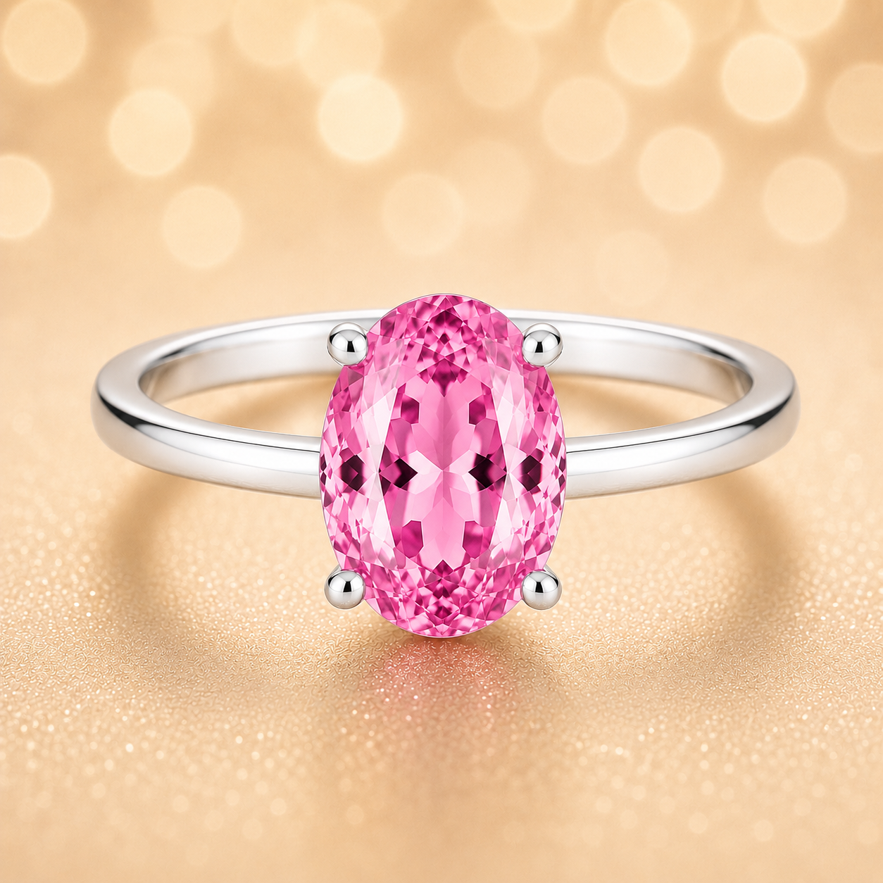 Elegant 7×5 mm pink sapphire oval-cut solitaire ring in white-gold-plated 925 silver. Refined brilliance and romantic charm. Available now at BSI Jewelry.