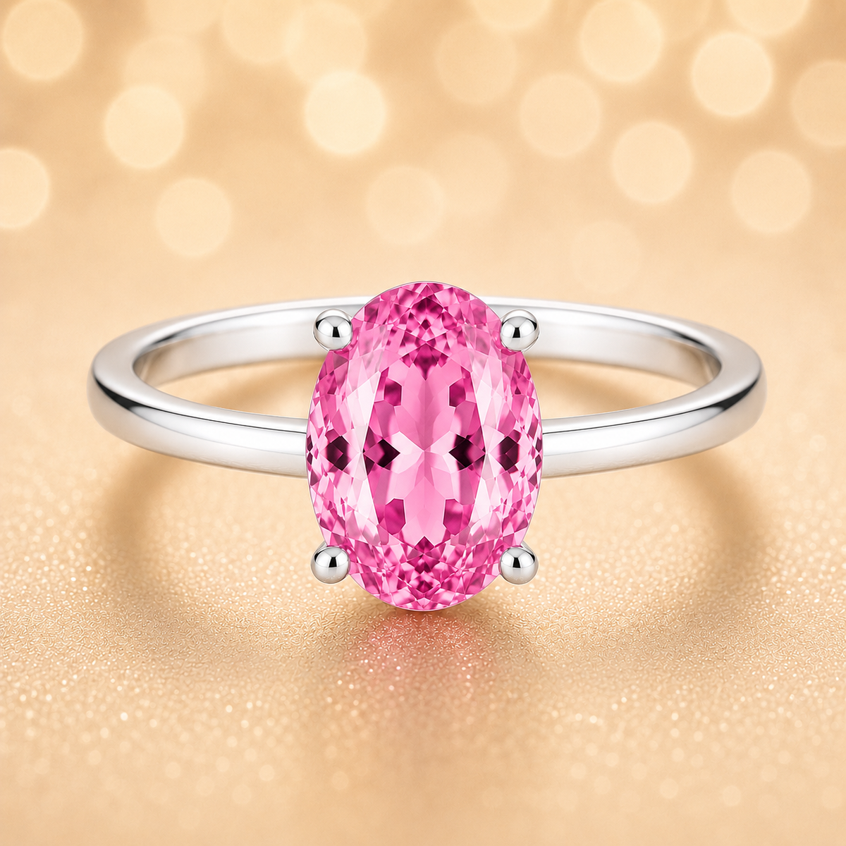 Elegant 7×5 mm pink sapphire oval-cut solitaire ring in white-gold-plated 925 silver. Refined brilliance and romantic charm. Available now at BSI Jewelry.