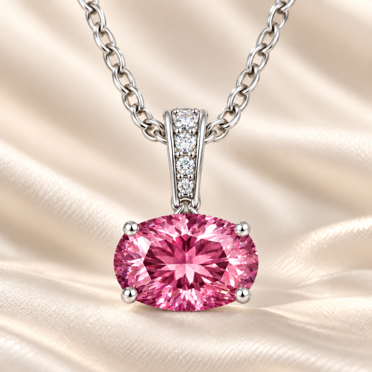 Pink sapphire oval pendant with an 8×5 mm gemstone in white gold-plated 925 silver, accented with moissanite. Elegant and refined. Available now at BSI Jewelry.