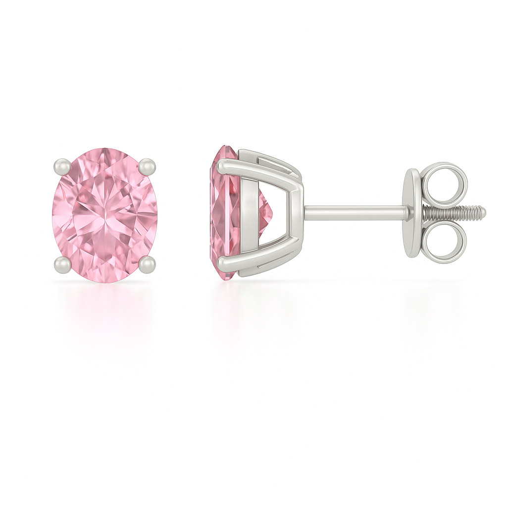 Elegant 6×4mm oval-cut Pink Sapphire stud earrings in white-gold-plated 925 silver, hypoallergenic and safe to wear. Available now at BSI Jewelry.