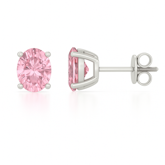 Elegant 6×4mm oval-cut Pink Sapphire stud earrings in white-gold-plated 925 silver, hypoallergenic and safe to wear. Available now at BSI Jewelry.