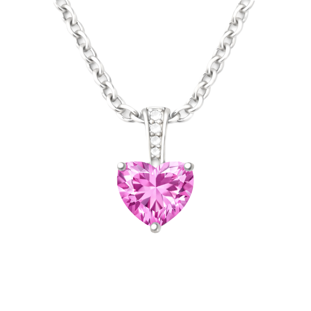 Pink sapphire pendant with a 6 mm heart cut, crafted in white gold-plated 925 silver. Elegant and refined for daily wear. Available now at BSI Jewelry.
