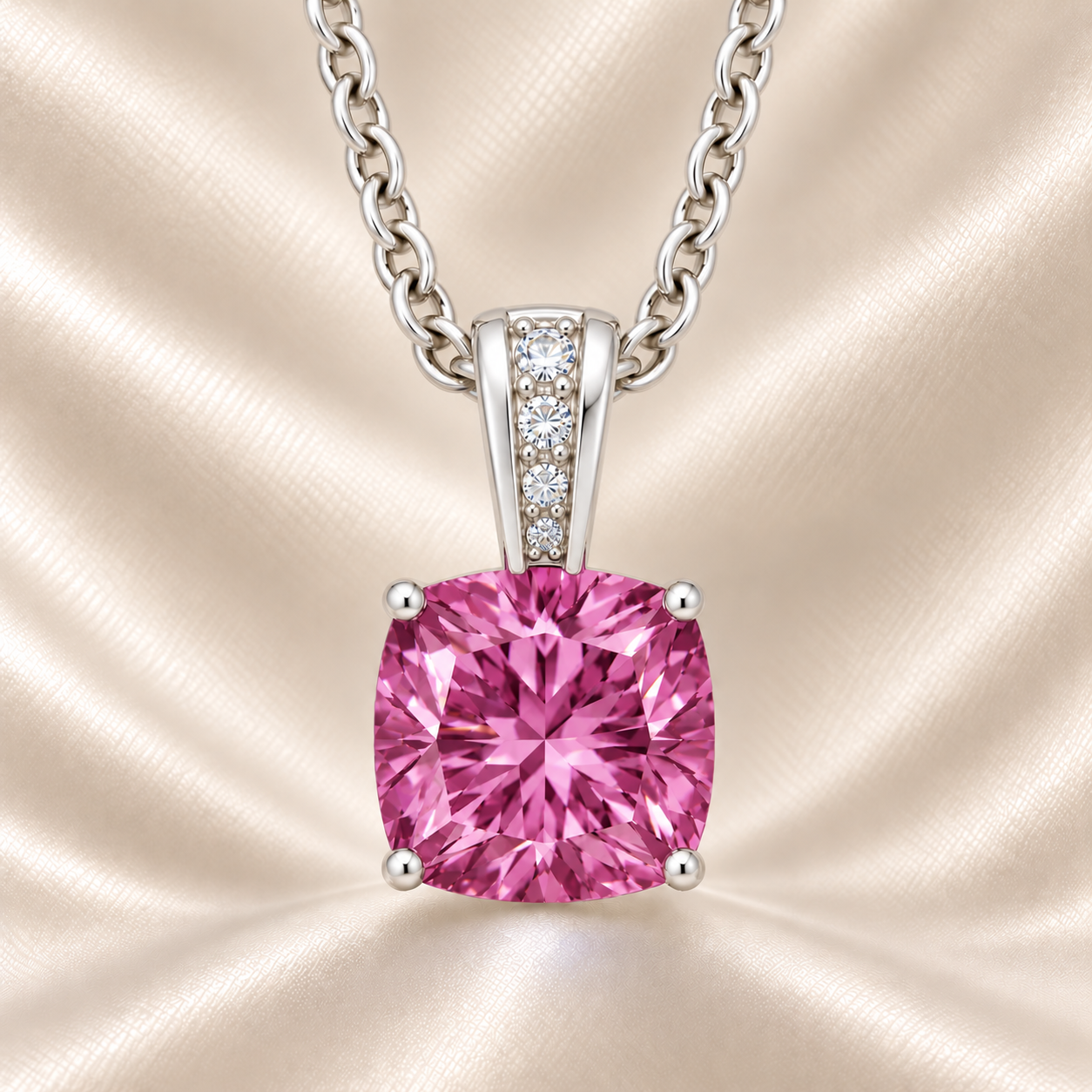 Pink sapphire pendant with a 6 mm cushion gemstone in white gold-plated 925 silver, accented with moissanite. Elegant and refined. Available now at BSI Jewelry.