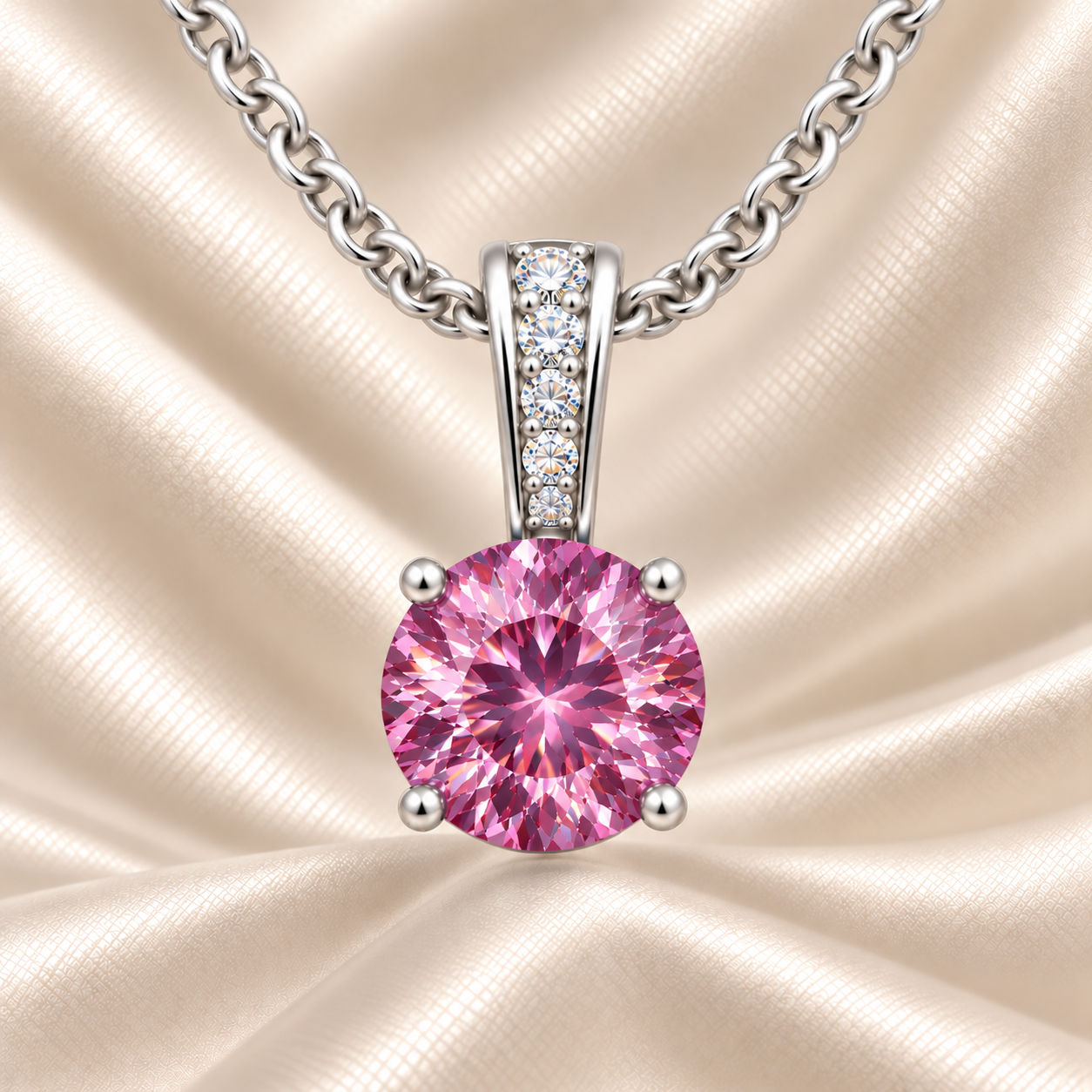 Pink sapphire pendant with a 6 mm round cut, set in white gold-plated 925 silver. Elegant, soft, and refined for daily wear. Available now at BSI Jewelry.