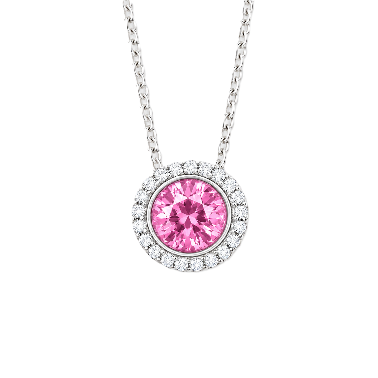 Pink sapphire pendant with 6 mm round stone in white gold-plated 925 silver, accented with moissanite and adjustable cable chain. Available now at BSI Jewelry.
