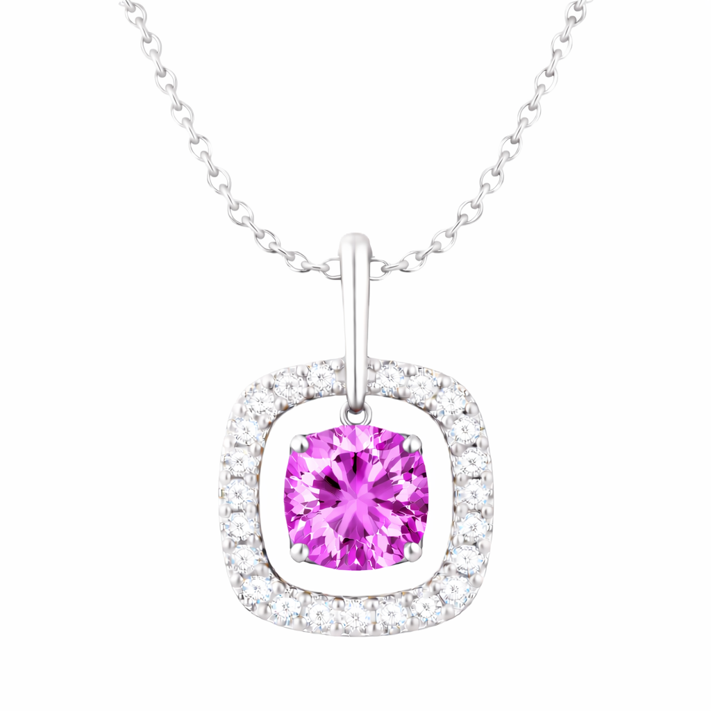 Pink sapphire pendant with a 7 mm cushion cut and moissanite halo, crafted in white gold-plated 925 silver. Elegant and radiant. Available now at BSI Jewelry.
