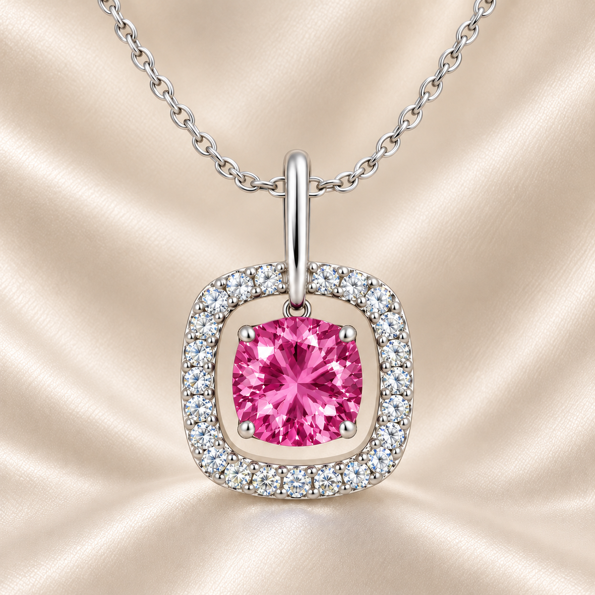 Pink sapphire pendant with a 7 mm cushion cut and moissanite halo, crafted in white gold-plated 925 silver. Elegant and radiant. Available now at BSI Jewelry.