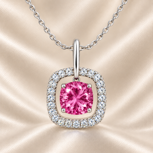 Pink sapphire pendant with a 7 mm cushion cut and moissanite halo, crafted in white gold-plated 925 silver. Elegant and radiant. Available now at BSI Jewelry.
