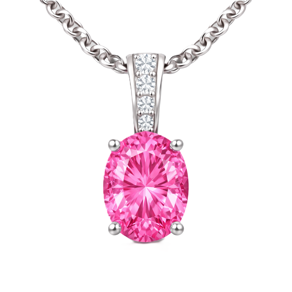 Pink sapphire pendant, 7×5 mm oval, crafted in white gold-plated 925 silver. Hypoallergenic and elegant for daily wear. Available now at BSI Jewelry.