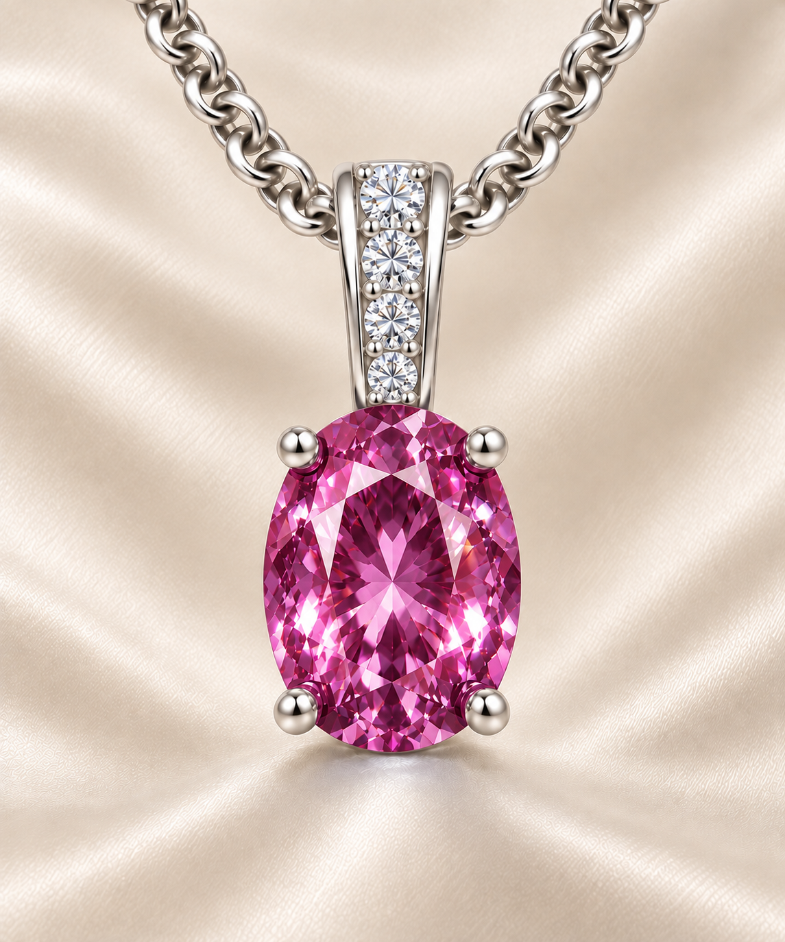 Pink sapphire pendant, 7×5 mm oval, crafted in white gold-plated 925 silver. Hypoallergenic and elegant for daily wear. Available now at BSI Jewelry.