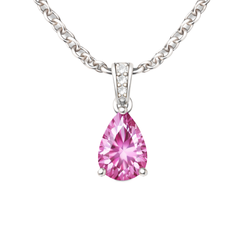 Pink sapphire pendant with a 7×5 mm pear cut, set in white gold-plated 925 silver. Soft, elegant, and refined for daily wear. Available now at BSI Jewelry.